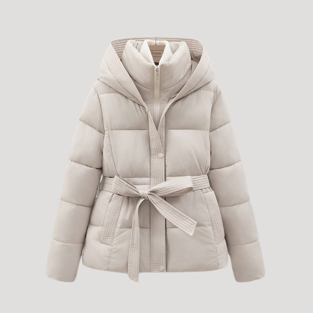 SUENTA Damen-Winterjacke mit Steppung Weich Gefüttert Taillengürtel Kapuze Creme