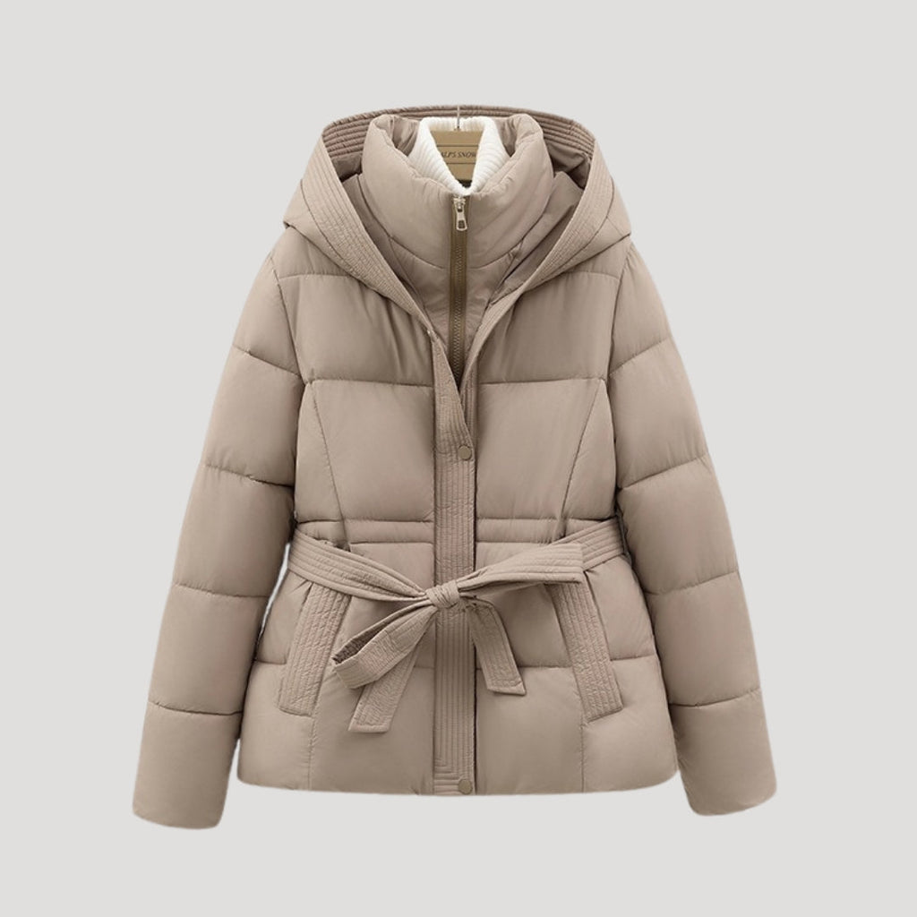 SUENTA Damen-Winterjacke mit Steppung Weich Gefüttert Taillengürtel Kapuze Khaki