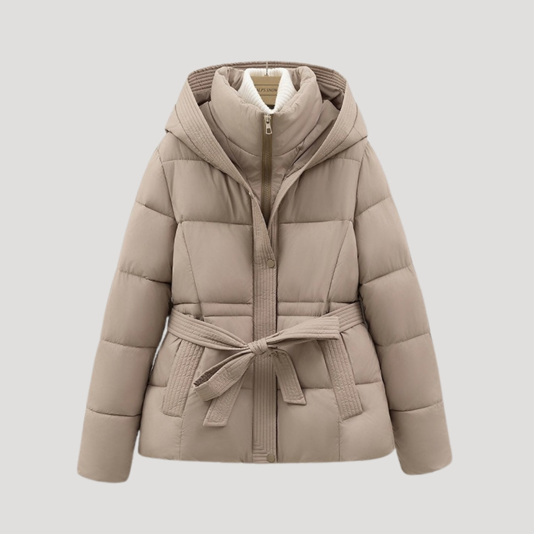 SUENTA Damen-Winterjacke mit Steppung Weich Gefüttert Taillengürtel Kapuze Khaki