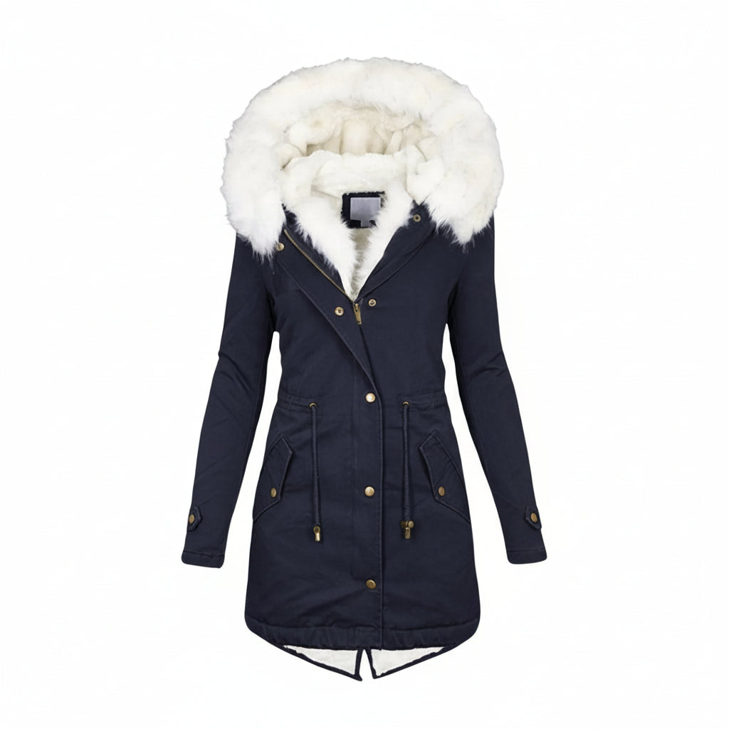 SUENTA Damen-Winterparka – Kapuze aus Kunstpelz und Gürteldesign Marineblau