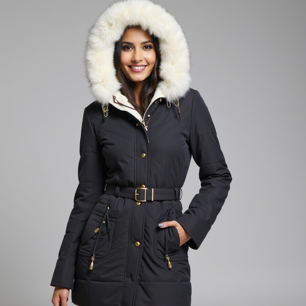 SUENTA Damen-Winterparka – Kapuze aus Kunstpelz und Gürteldesign