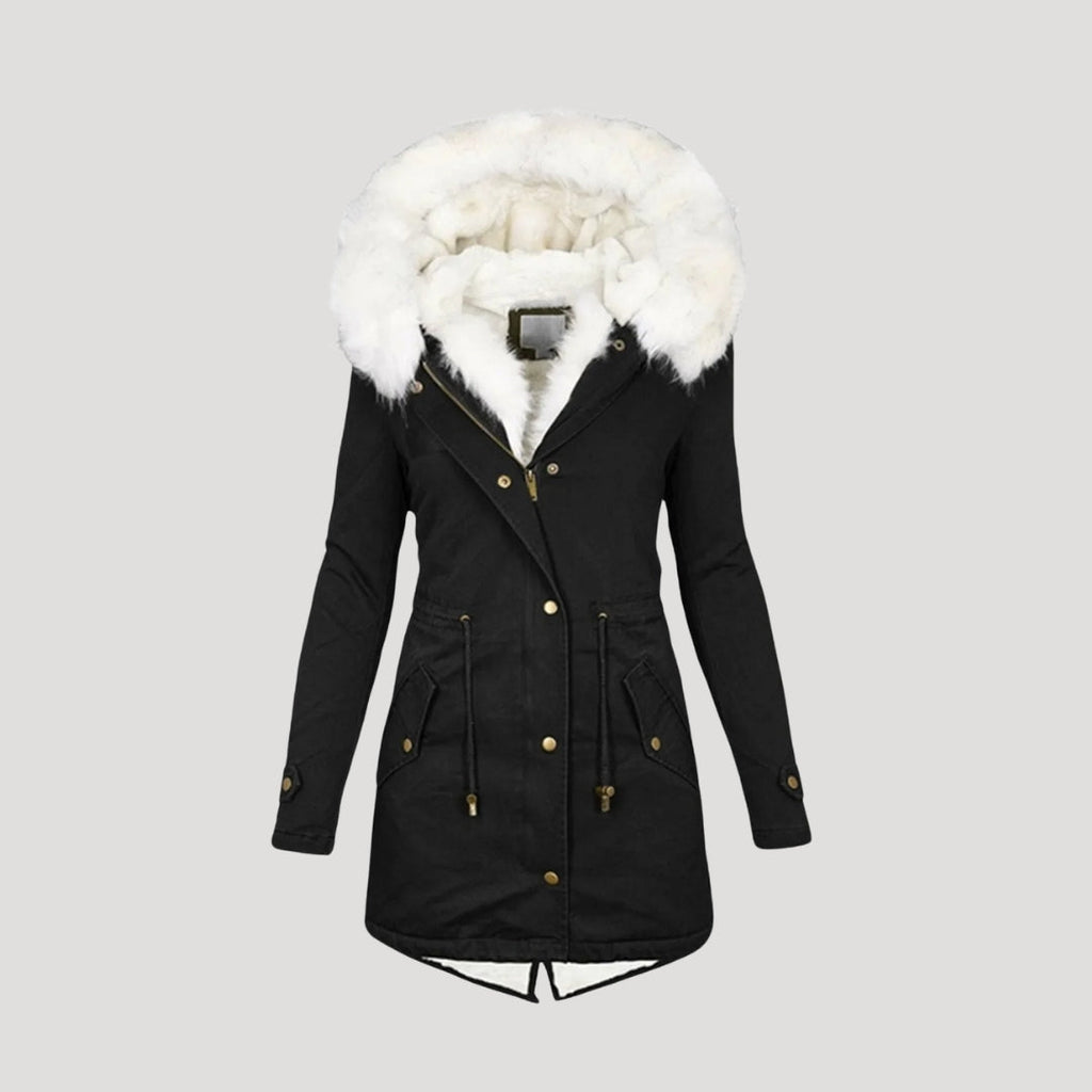SUENTA Damen-Winterparka – Kapuze aus Kunstpelz und Gürteldesign Schwarz