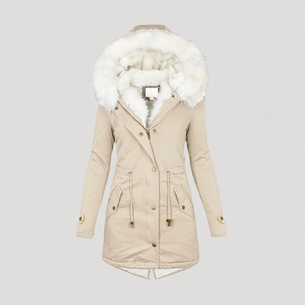 SUENTA Damen-Winterparka – Kapuze aus Kunstpelz und Gürteldesign Beige