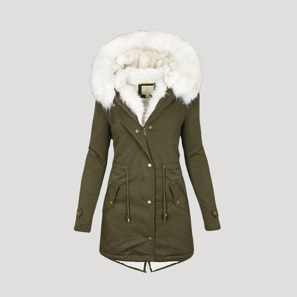 SUENTA Damen-Winterparka – Kapuze aus Kunstpelz und Gürteldesign Armeegrün