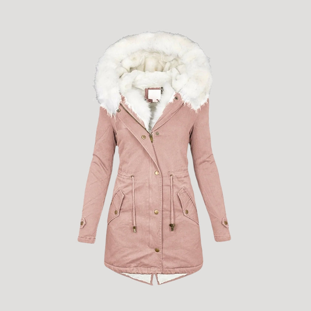 SUENTA Damen-Winterparka – Kapuze aus Kunstpelz und Gürteldesign Rosa
