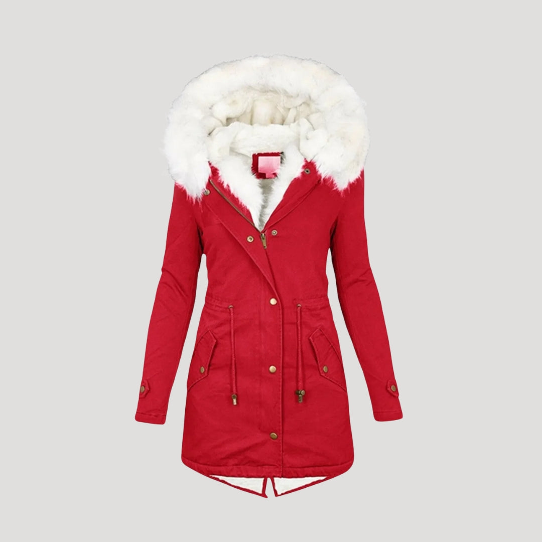 SUENTA Damen-Winterparka – Kapuze aus Kunstpelz und Gürteldesign Rot
