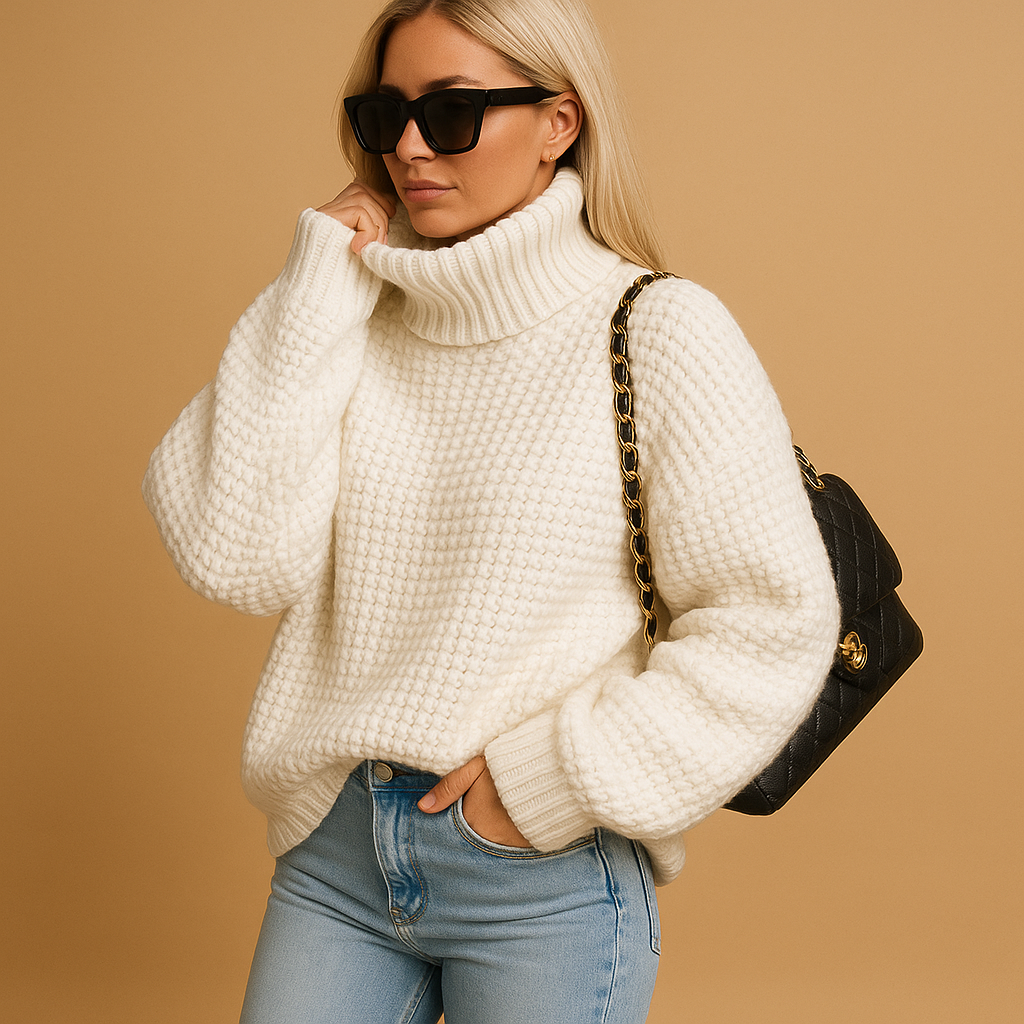 SUENTA Damen Pullover Warmer Strickpullover mit grober Struktur Weiß