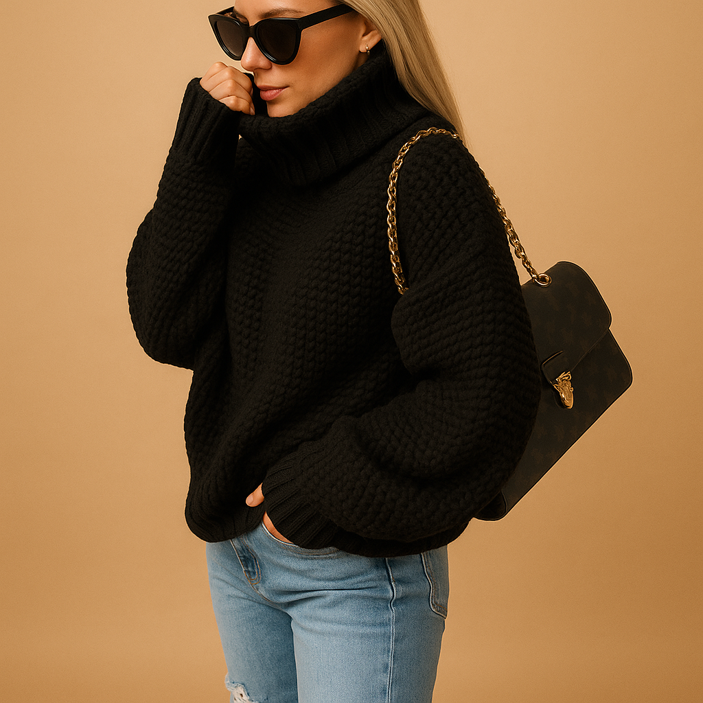 SUENTA Damen Pullover Warmer Strickpullover mit grober Struktur Schwarz