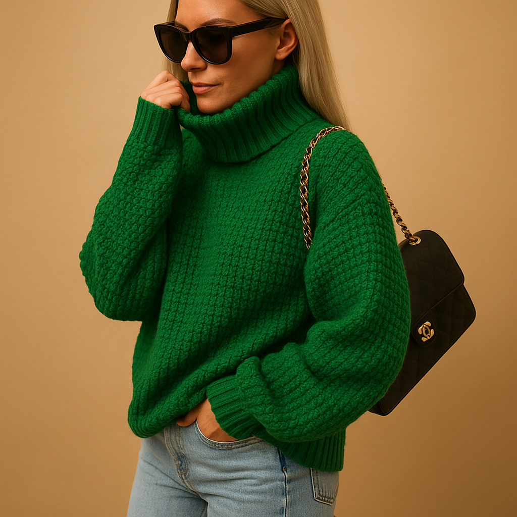 SUENTA Damen Pullover Warmer Strickpullover mit grober Struktur Grün
