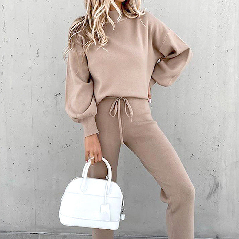 SUENTA Damen-Trainingsanzug Strickoptik Zweiteilig Freizeit Alltag Beige