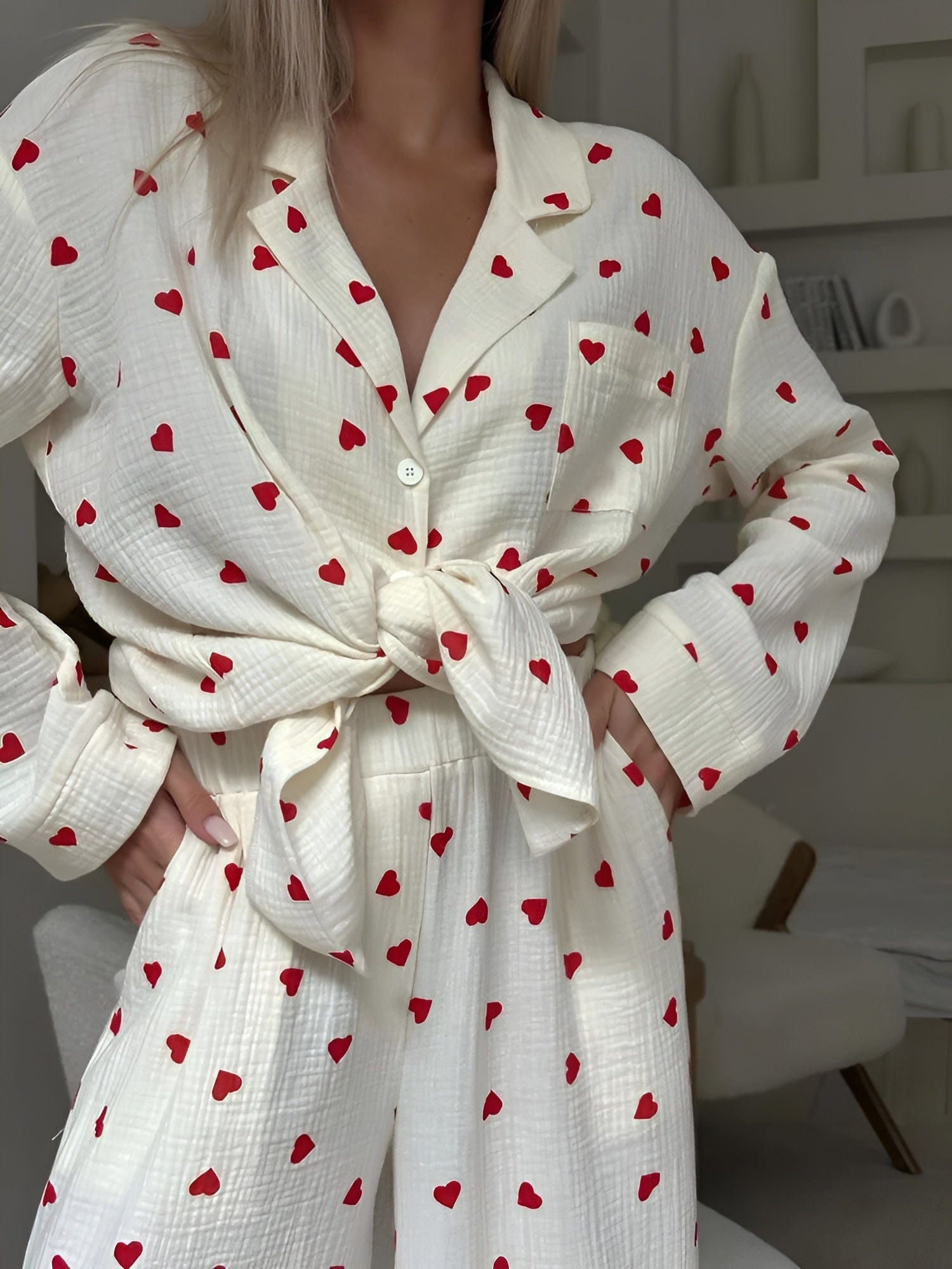 SUENTA Damen Ästhetisches Herz Pyjama Set Weich Baumwolle Bequem Herzen
