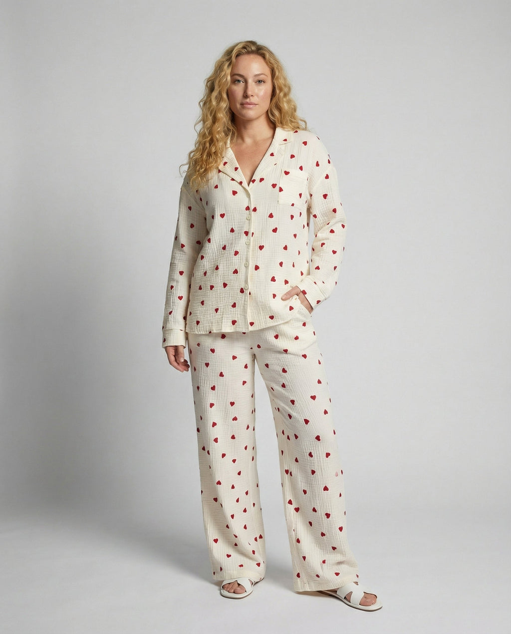 SUENTA Damen Ästhetisches Herz Pyjama Set Weich Baumwolle Bequem