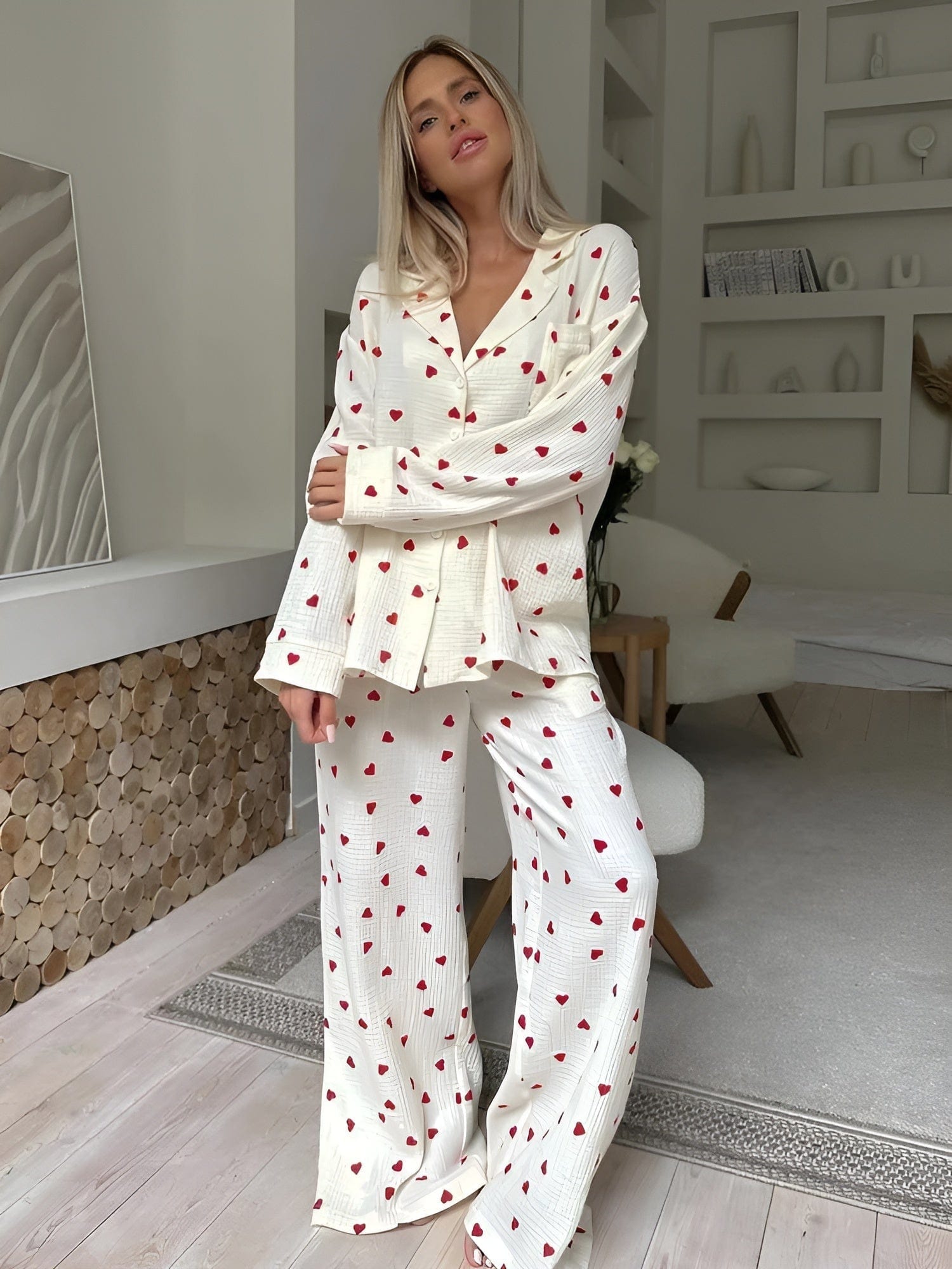 SUENTA Damen Ästhetisches Herz Pyjama Set Weich Baumwolle Bequem