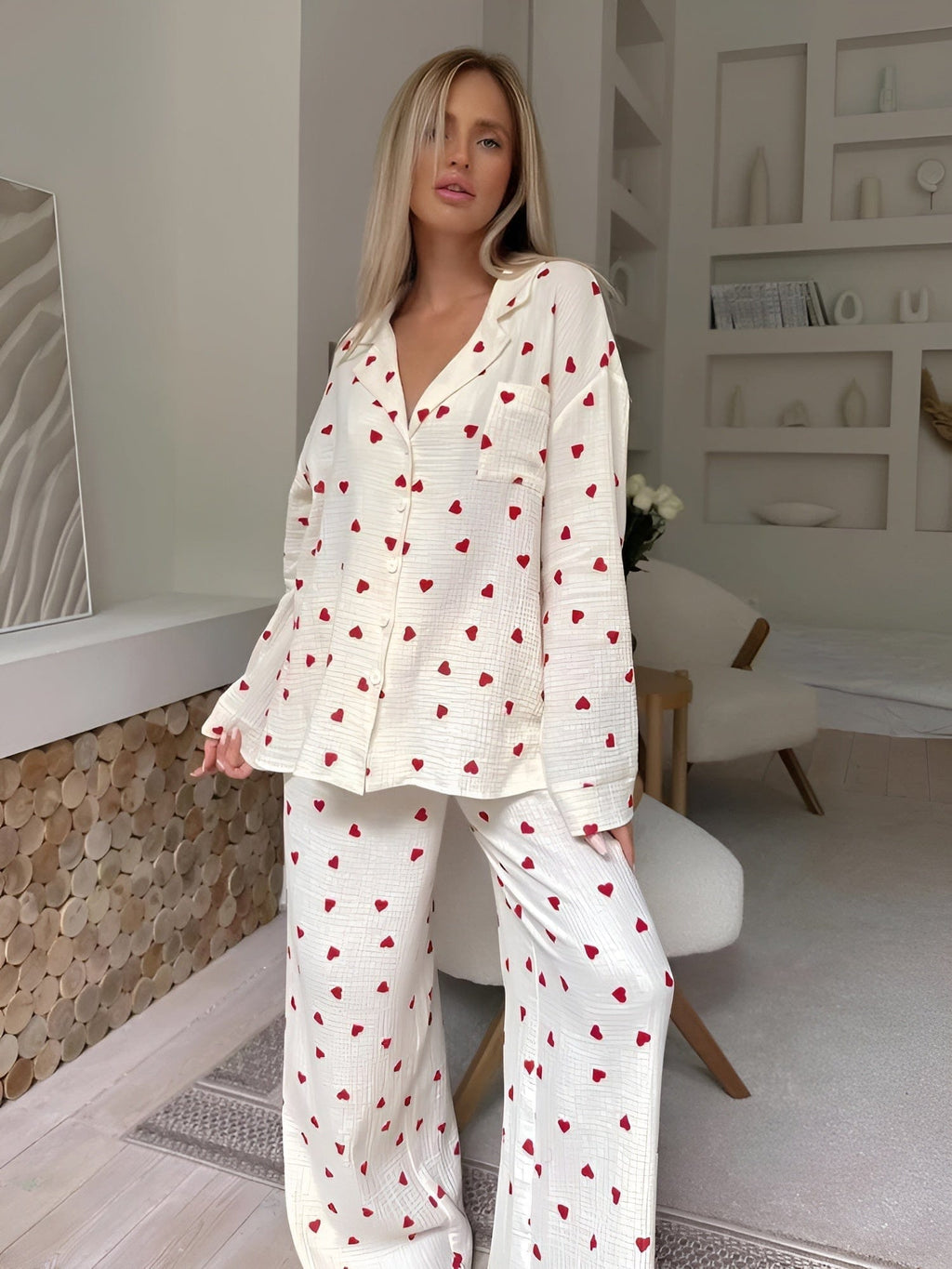 SUENTA Damen Ästhetisches Herz Pyjama Set Weich Baumwolle Bequem