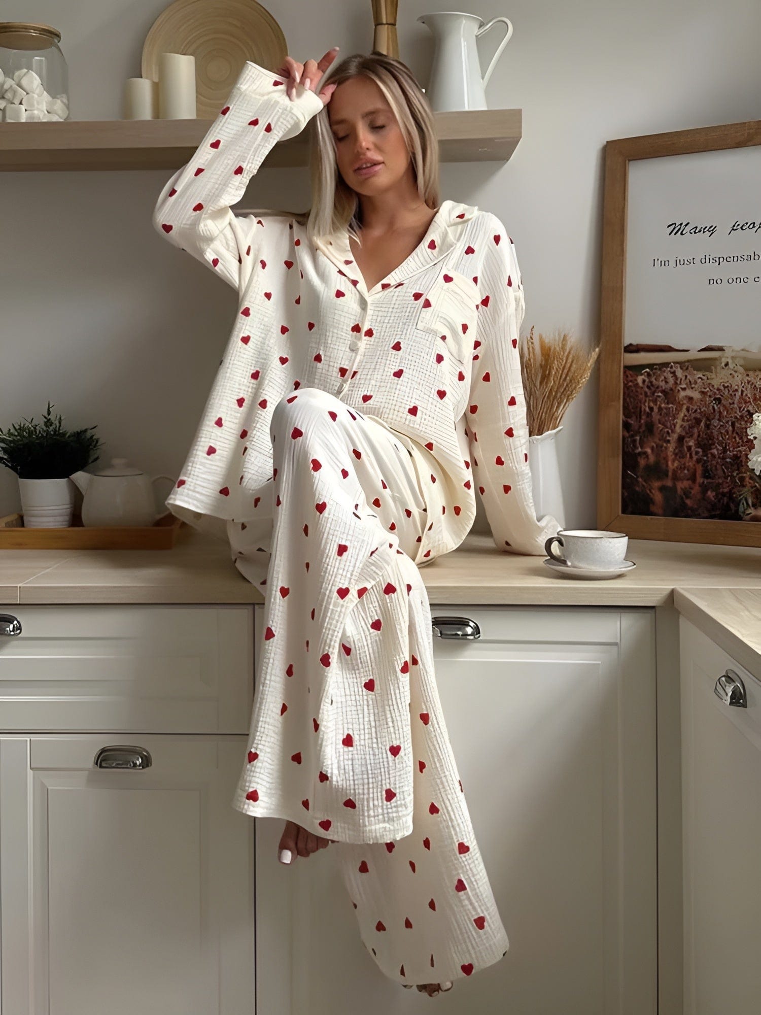 SUENTA Damen Ästhetisches Herz Pyjama Set Weich Baumwolle Bequem