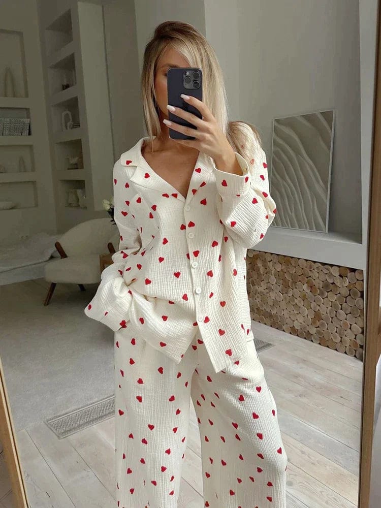 SUENTA Damen Ästhetisches Herz Pyjama Set Weich Baumwolle Bequem