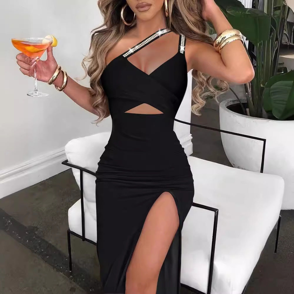 SUENTA Passion | Damen Abendkleid mit Cut-Outs – Funkelnde Träger & Hoher Schlitz