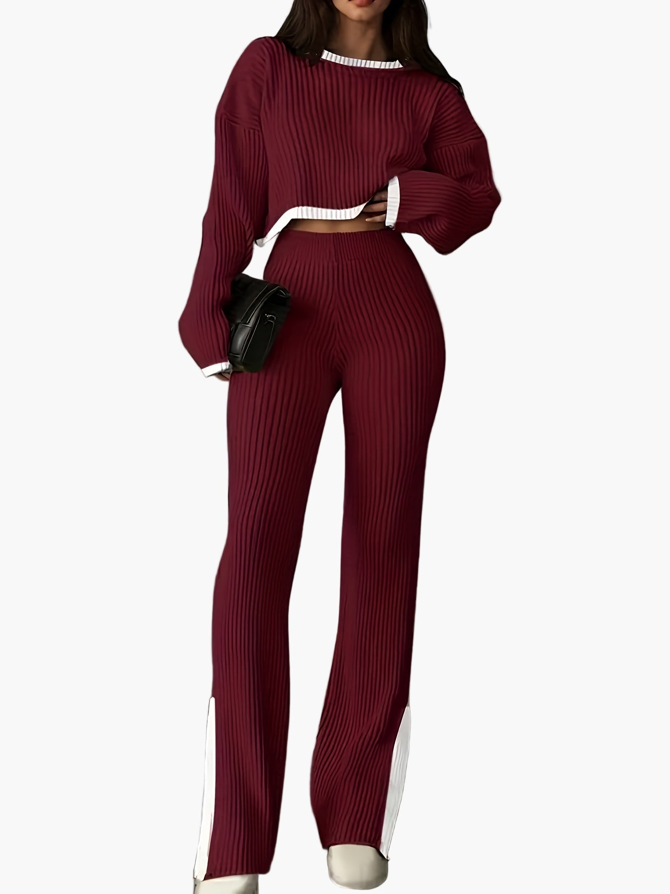 SUENTA Damen Zweiteiler-Set Strickpullover Hose Stilvoll Freizeit Alltag Rot
