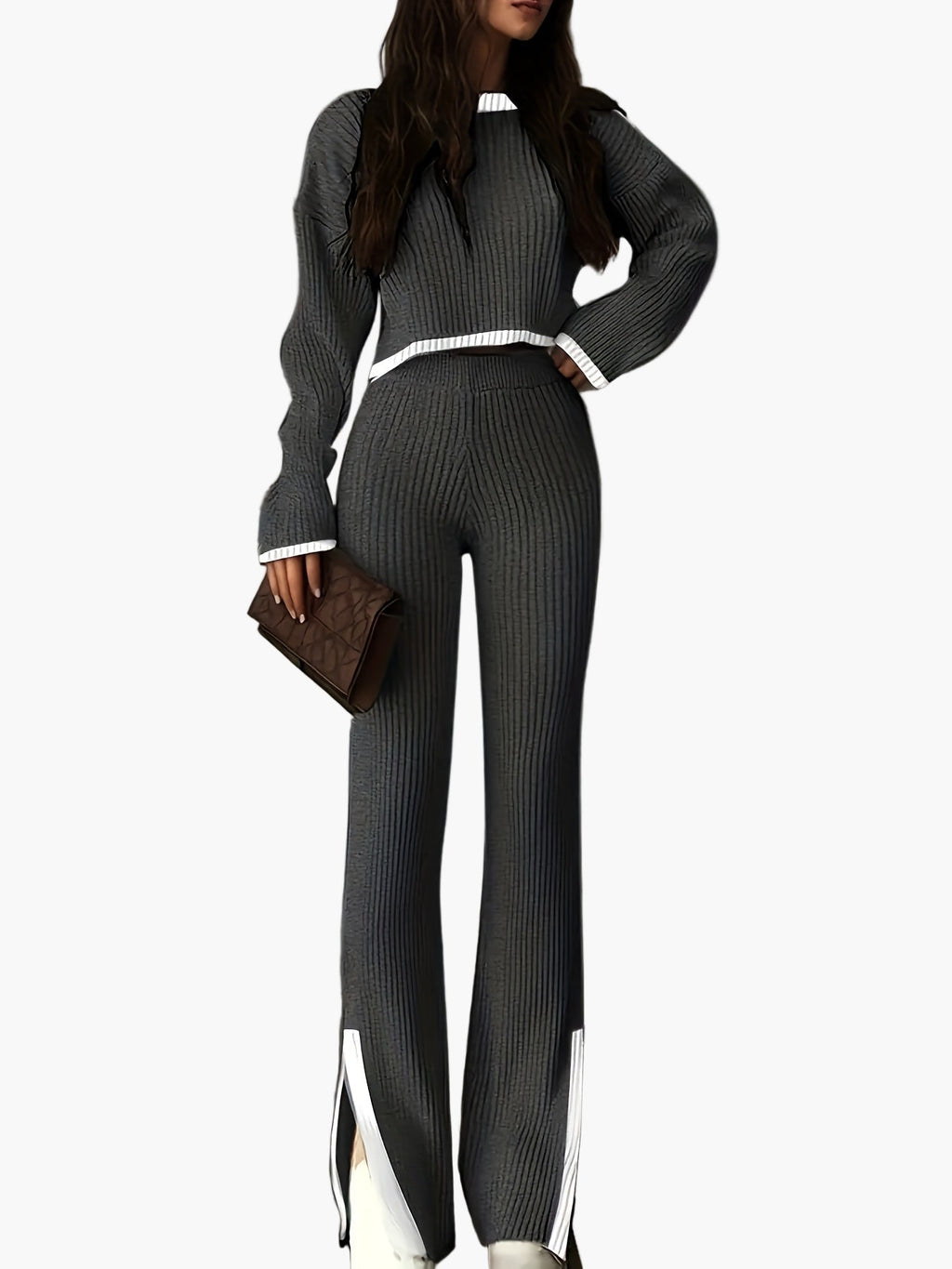 SUENTA Damen Zweiteiler-Set Strickpullover Hose Stilvoll Freizeit Alltag Grau