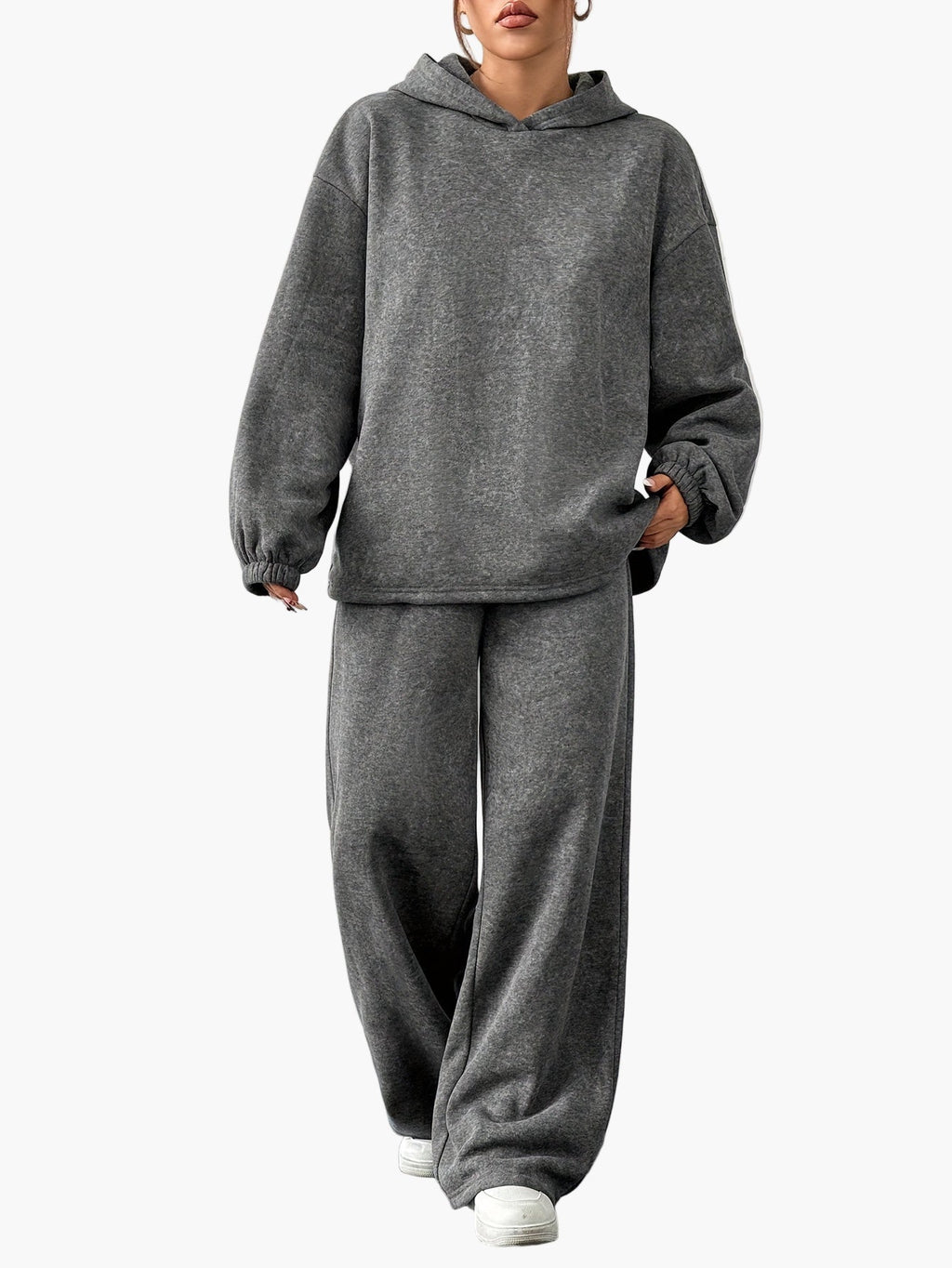 SUENTA Damen Hoodie Set Bequeme Lässigen Weiten Jogginghose Dunkelgrau