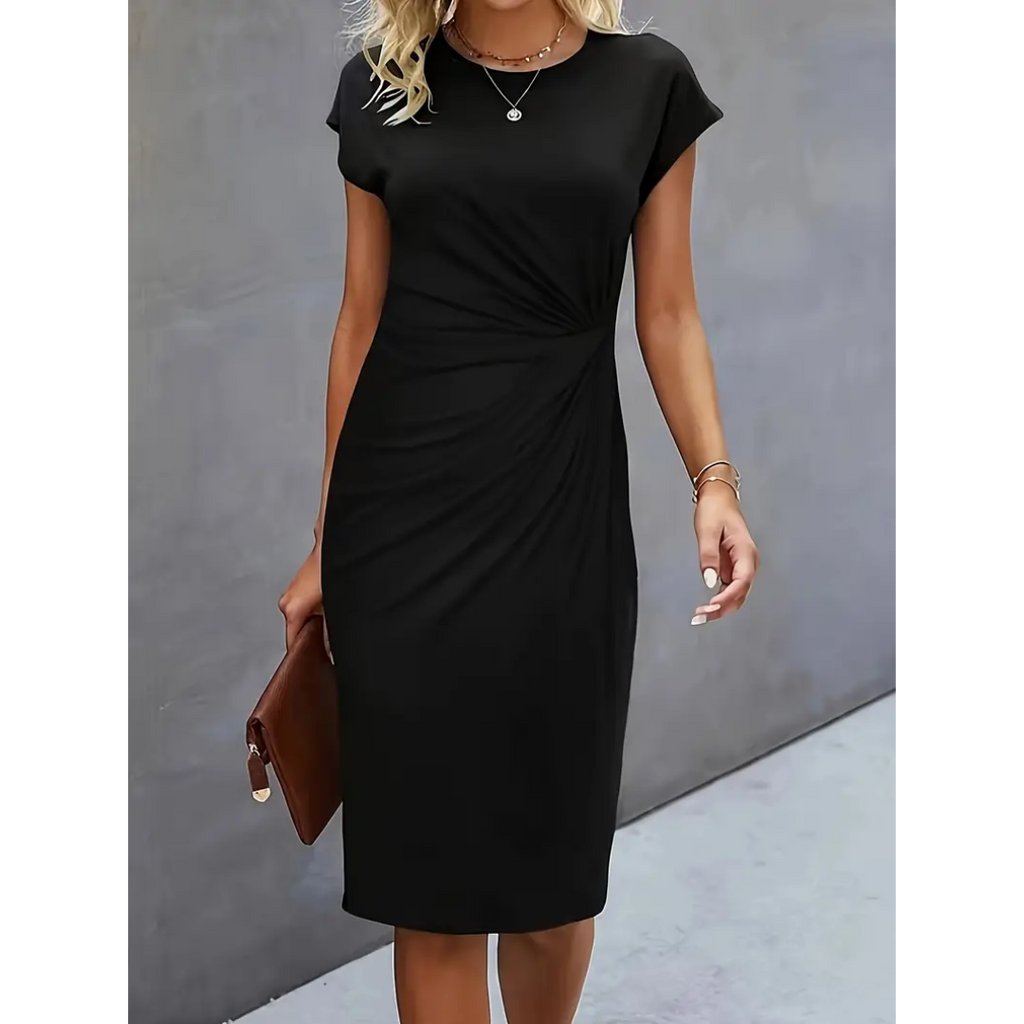 SUENTA Dôre | Damen Bodycon Kleid Mit Kurzen Ärmeln – Raffinierte Raffung & Skulpturaler Fit Schwarz