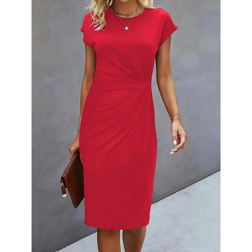 SUENTA Dôre | Damen Bodycon Kleid Mit Kurzen Ärmeln – Raffinierte Raffung & Skulpturaler Fit Rot