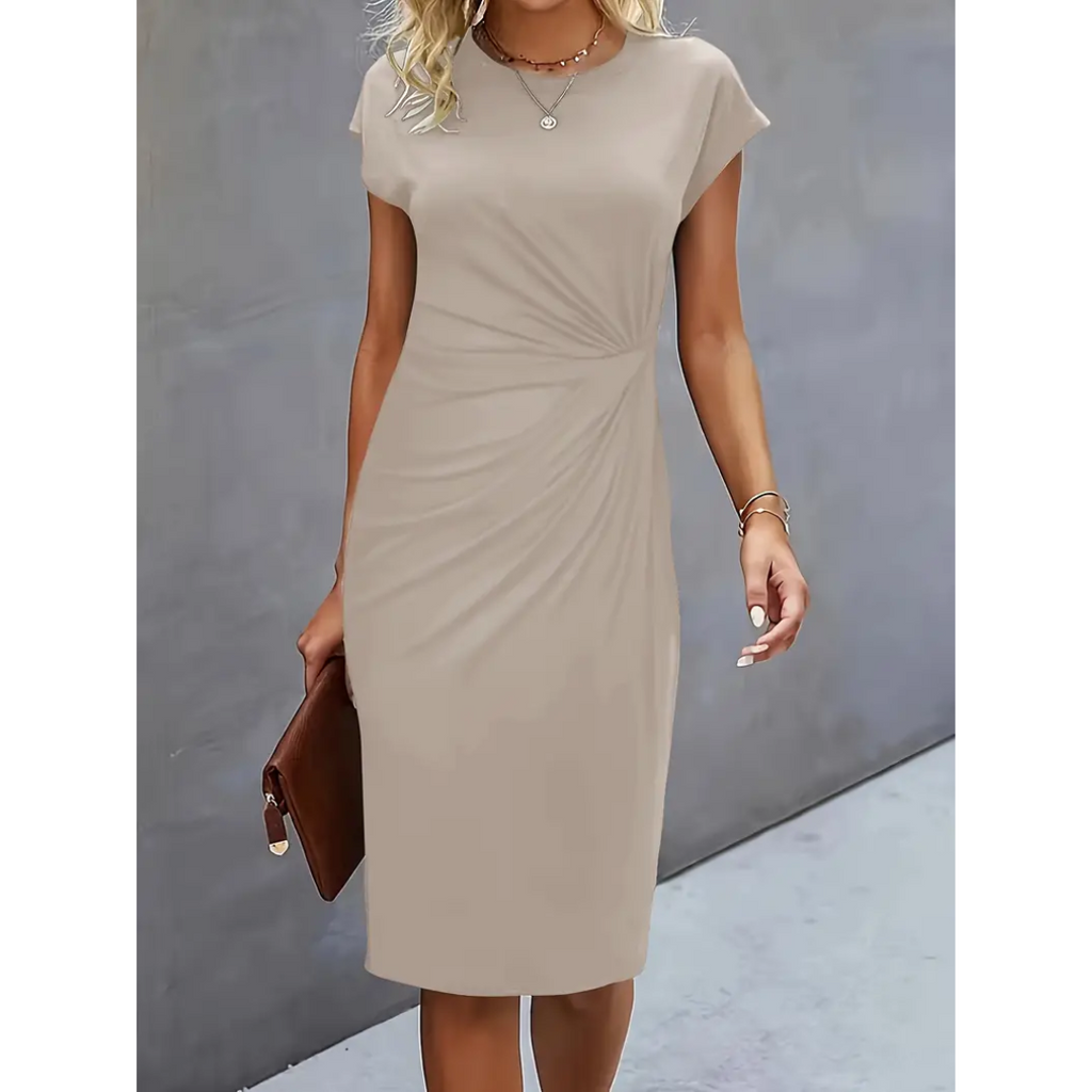 SUENTA Dôre | Damen Bodycon Kleid Mit Kurzen Ärmeln – Raffinierte Raffung & Skulpturaler Fit Beige