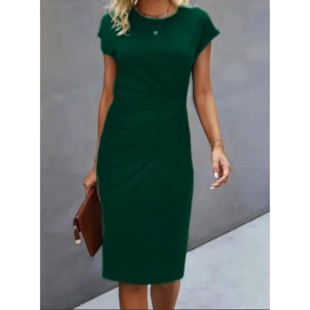 SUENTA Dôre | Damen Bodycon Kleid Mit Kurzen Ärmeln – Raffinierte Raffung & Skulpturaler Fit Dunkelgrün