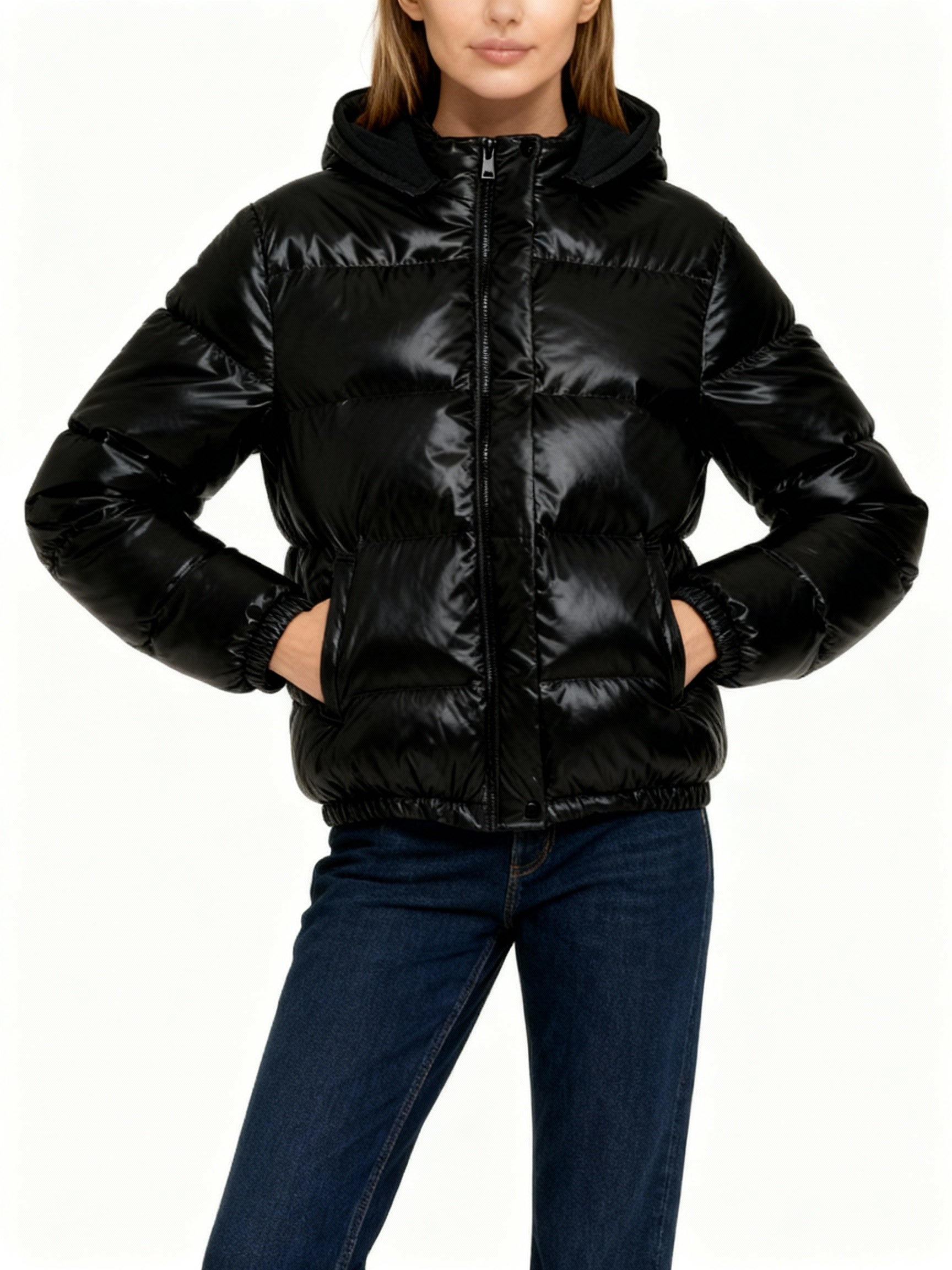 SUENTA Damen Glänzende Steppjacke Polyamid Mischung Leichte Jacke Schwarz