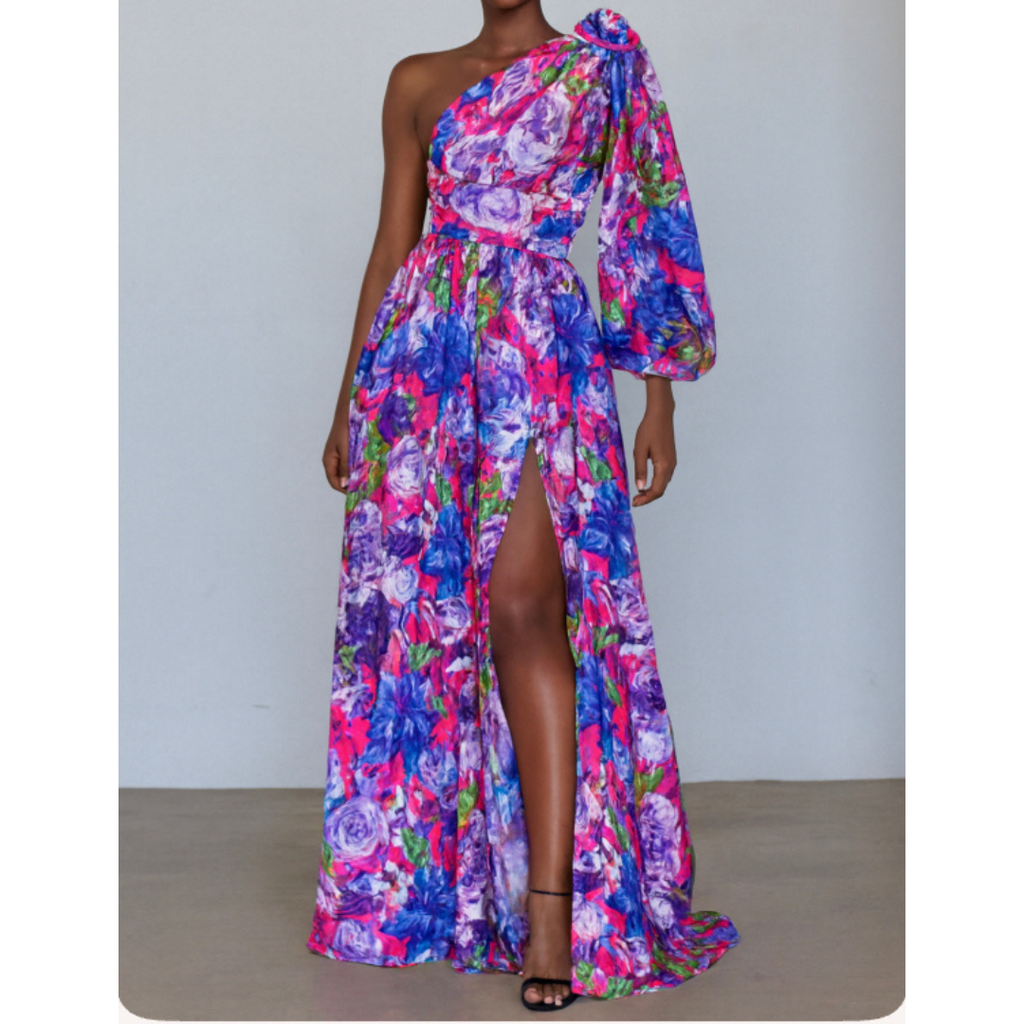 SUENTA Luna | Damen Maxikleid Mit Schlitz – Seidige Textur & Exklusiver Floral-Print Lila