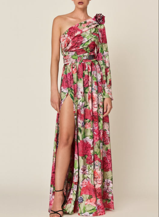 SUENTA Luna | Damen Maxikleid Mit Schlitz – Seidige Textur & Exklusiver Floral-Print Rosa