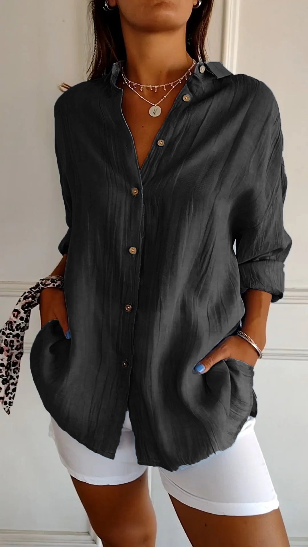 SUENTA Aura | Damen Langarm Freizeithemd – Luxus Leinenbluse Elegant & Casual Longsleeve Hemdbluse Schwarz