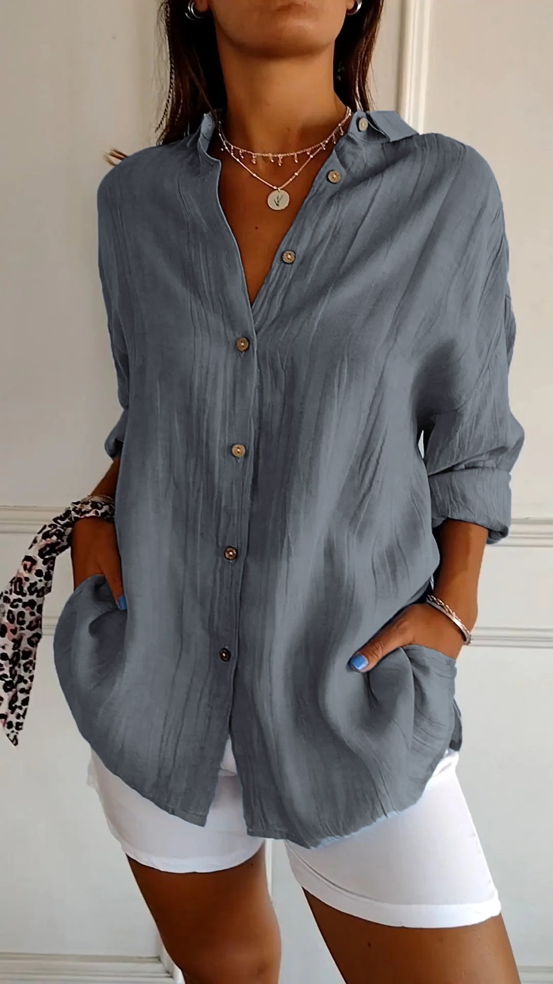 SUENTA Aura | Damen Langarm Freizeithemd – Luxus Leinenbluse Elegant & Casual Longsleeve Hemdbluse Grau