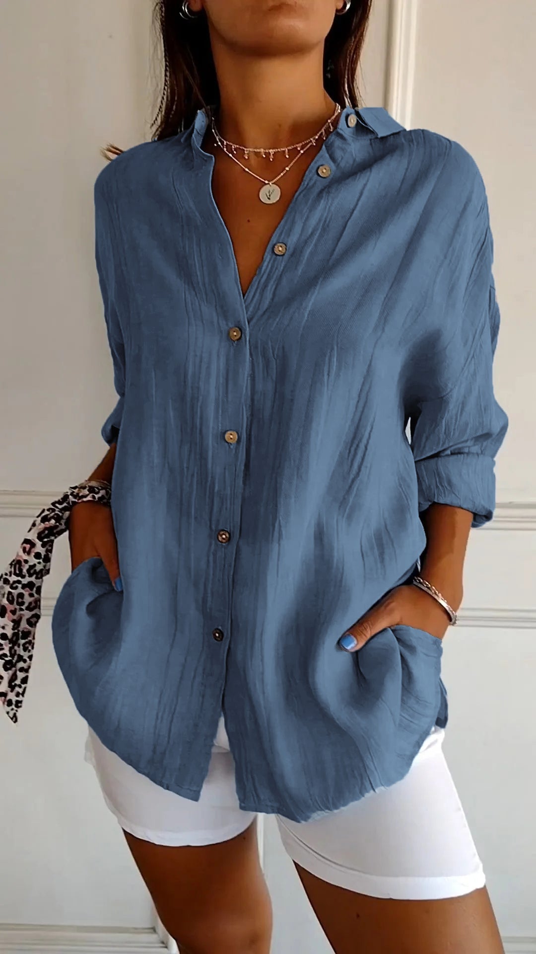 SUENTA Aura | Damen Langarm Freizeithemd – Luxus Leinenbluse Elegant & Casual Longsleeve Hemdbluse Dunkelblau