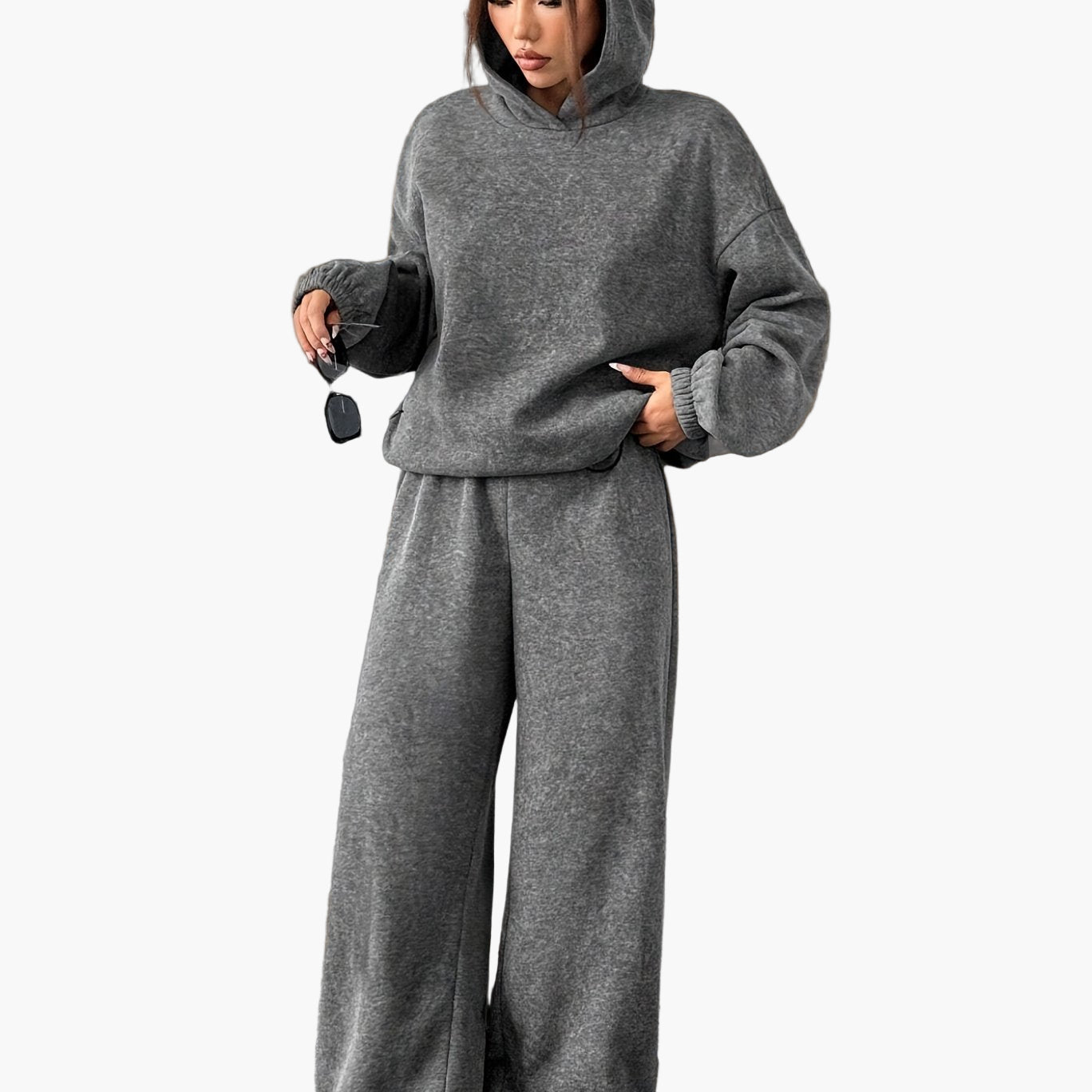 SUENTA Damen Loungewear Set Kapuzenpullover und Weite Hose Bequemes Freizeit Outfit Dunkelgrau