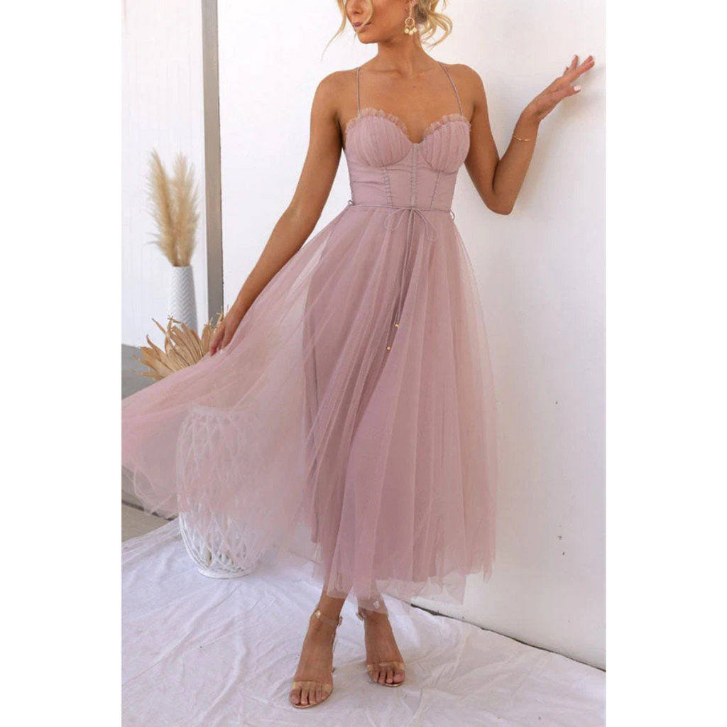 SUENTA Mechi | Damen Spaghettiträger-Kleid In Maxi-Länge – Ätherischer Seiden-Touch & Architektonische A-Linie Rosa