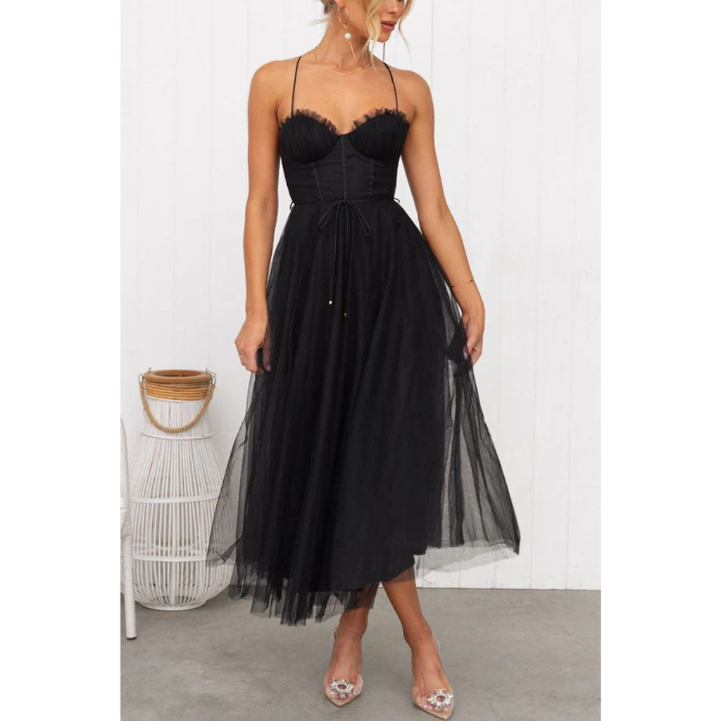 SUENTA Mechi | Damen Spaghettiträger-Kleid In Maxi-Länge – Ätherischer Seiden-Touch & Architektonische A-Linie Schwarz