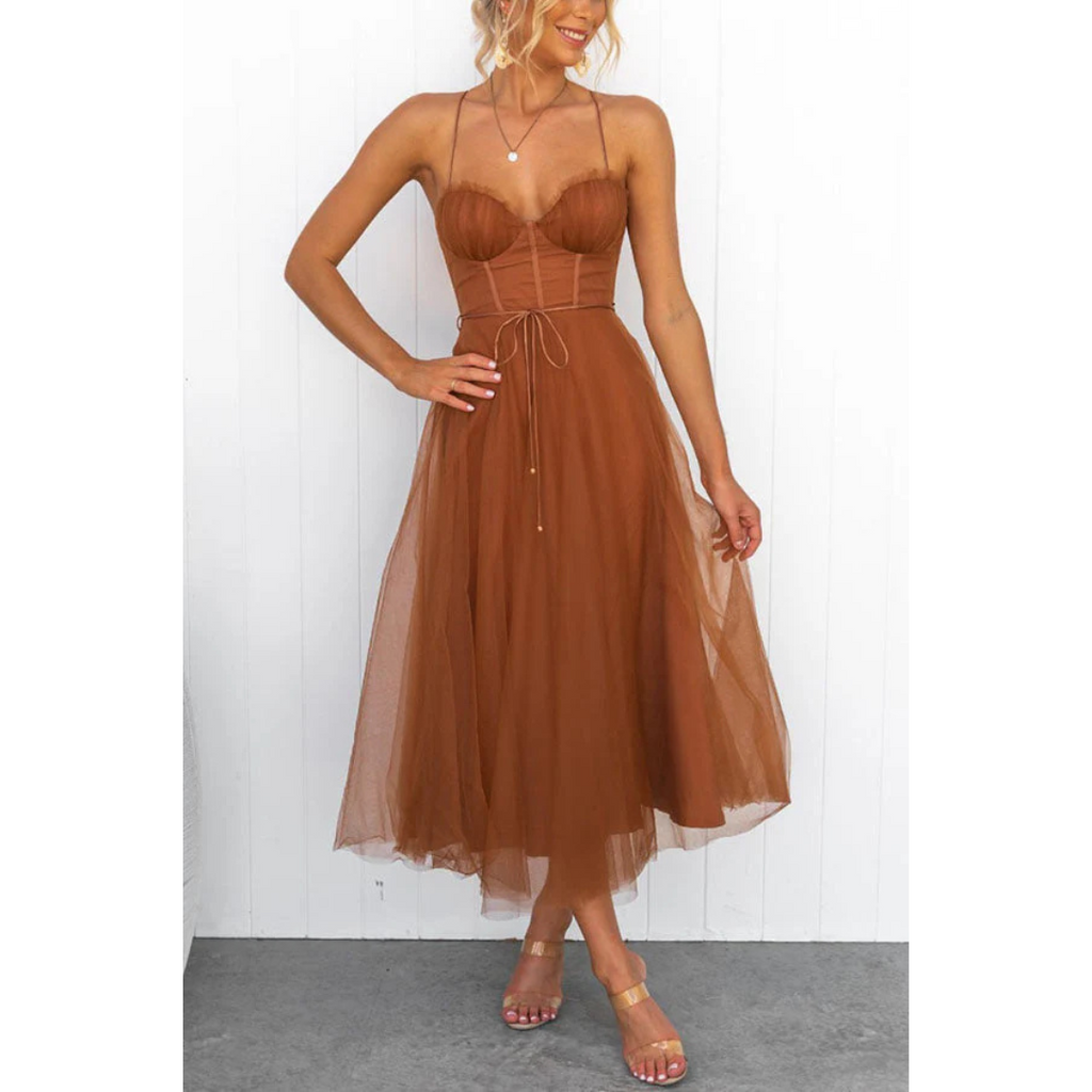 SUENTA Mechi | Damen Spaghettiträger-Kleid In Maxi-Länge – Ätherischer Seiden-Touch & Architektonische A-Linie Rost