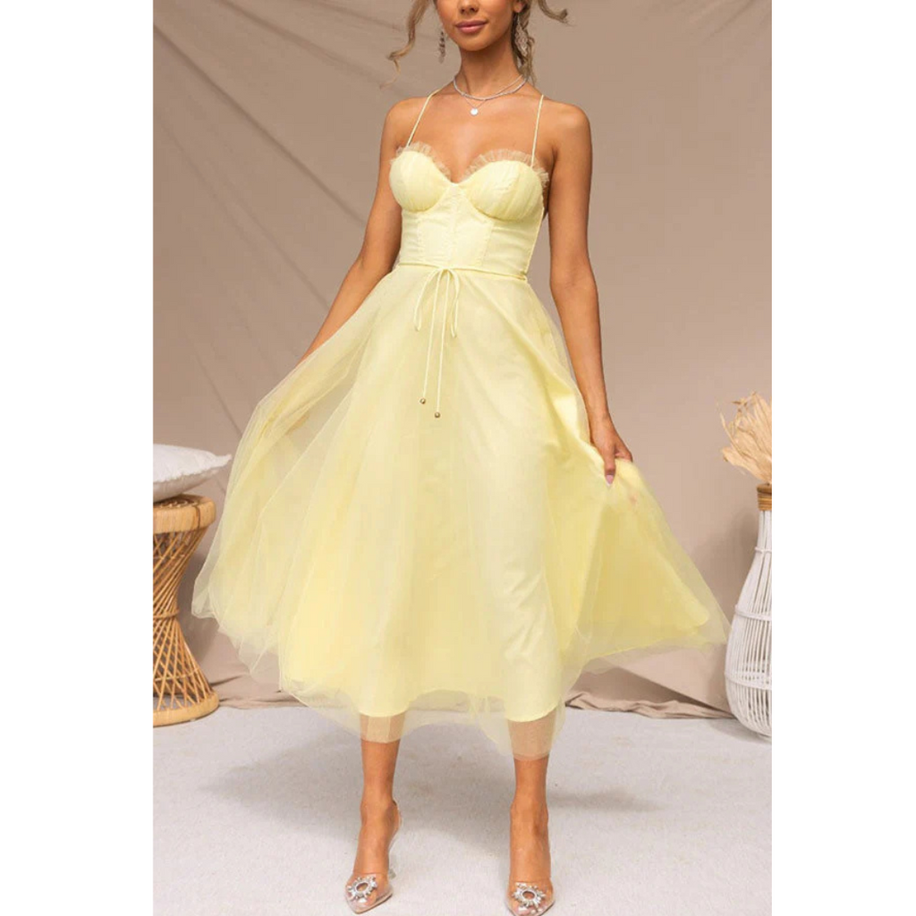 SUENTA Mechi | Damen Spaghettiträger-Kleid In Maxi-Länge – Ätherischer Seiden-Touch & Architektonische A-Linie Gelb