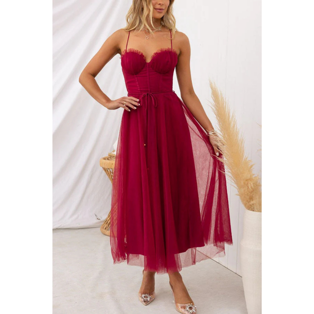 SUENTA Mechi | Damen Spaghettiträger-Kleid In Maxi-Länge – Ätherischer Seiden-Touch & Architektonische A-Linie Weinrot
