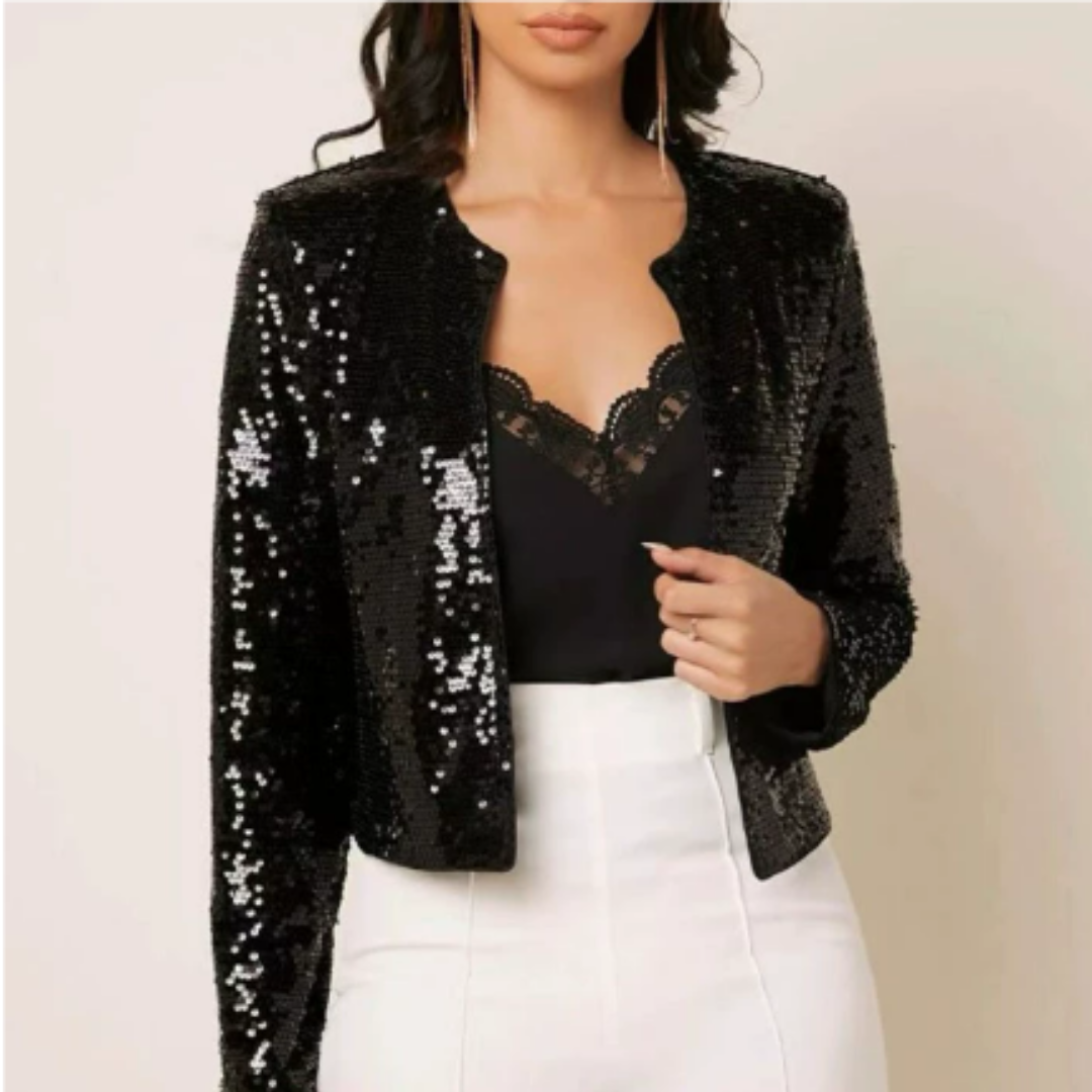 SUENTA Damen Pailletten Reißverschluss Blazer | Kurze Schwarz