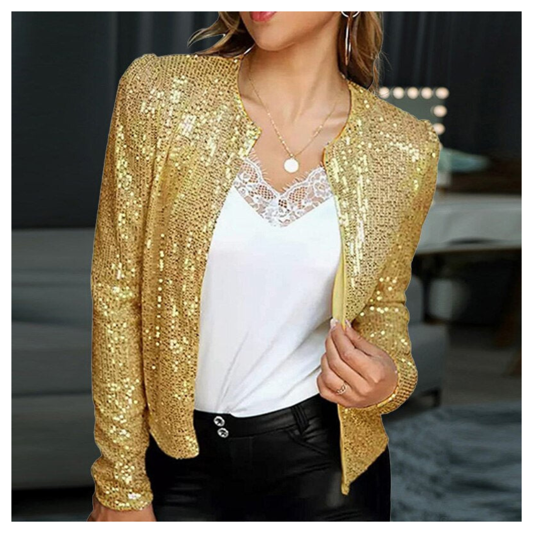 SUENTA Damen Pailletten Reißverschluss Blazer | Kurze Gold