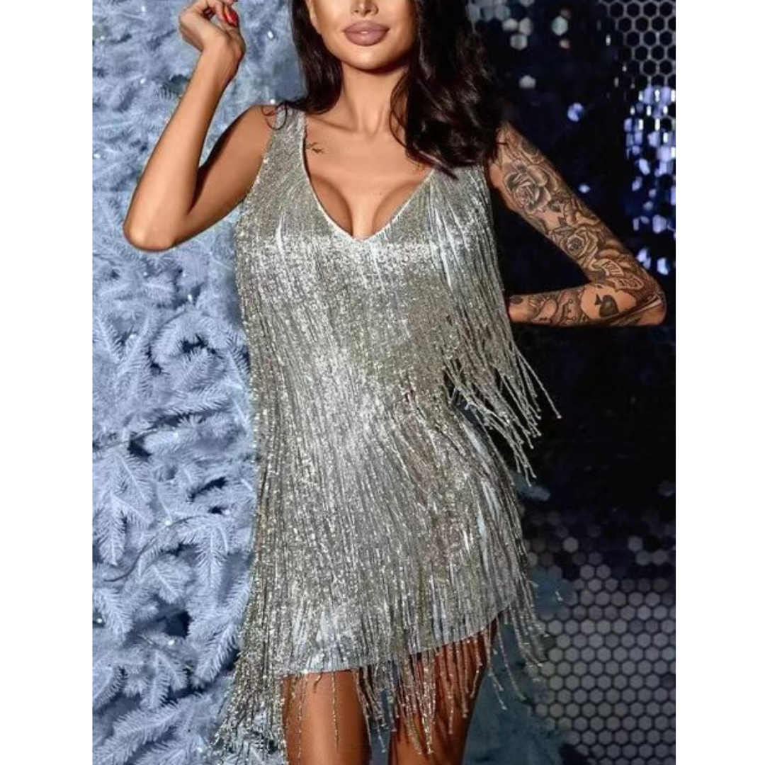 SUENTA Parsha | Damen Partykleid mit V-Ausschnitt – Figurbetont & Mutiger Stil Silber