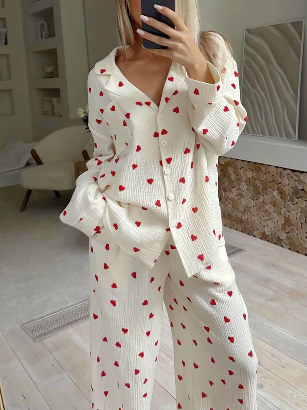 SUENTA Damen Pyjama Mit Herzprint Hose Und Oberteil Langarm