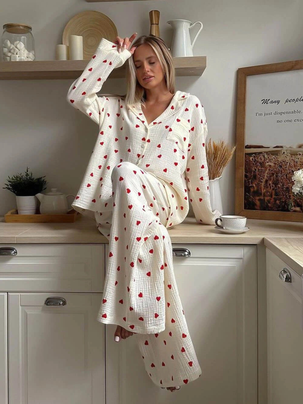 SUENTA Damen Pyjama Mit Herzprint Hose Und Oberteil Langarm