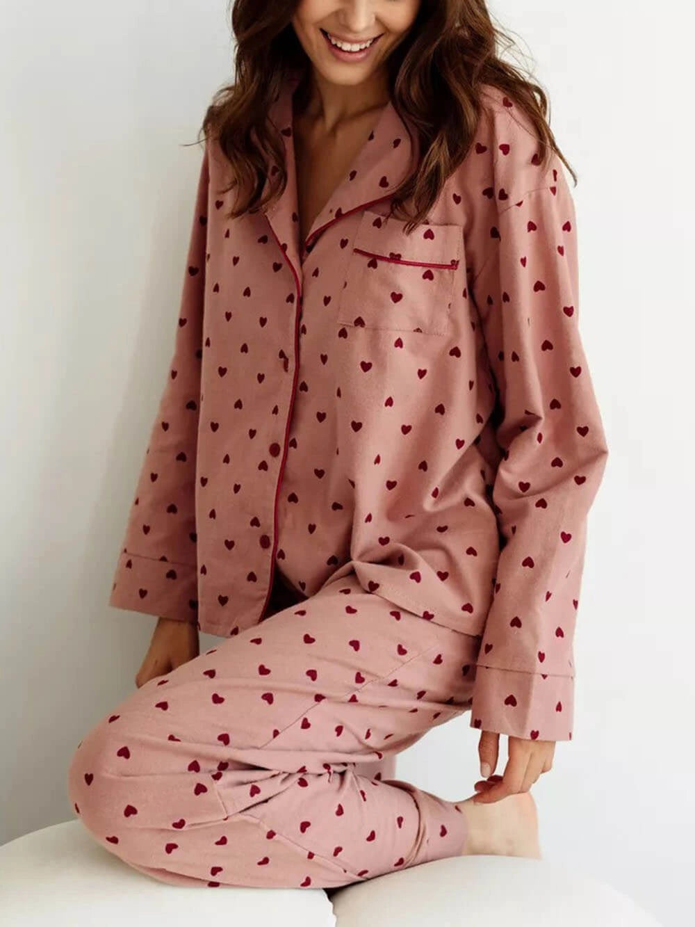 SUENTA Damen Pyjama-Set Mit Herzprint Und Kontrastierender Paspelierung Rosa