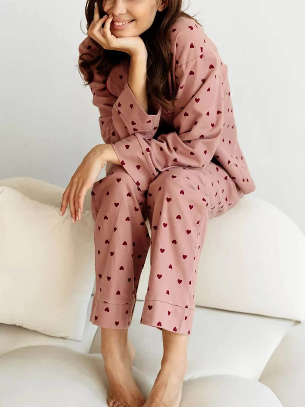SUENTA Damen Pyjama-Set Mit Herzprint Und Kontrastierender Paspelierung