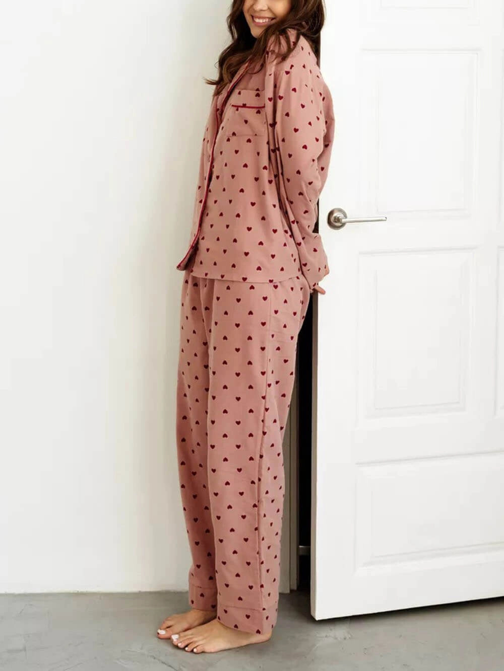 SUENTA Damen Pyjama-Set Mit Herzprint Und Kontrastierender Paspelierung
