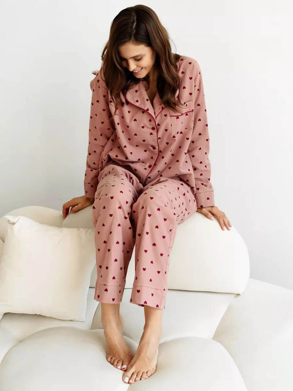 SUENTA Damen Pyjama-Set Mit Herzprint Und Kontrastierender Paspelierung