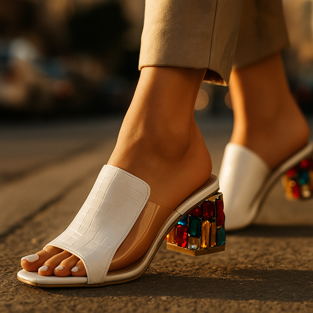 SUENTA Damen Sandalen – Blockabsatz & Krokoprägung mit Eleganten Schmuckdetails